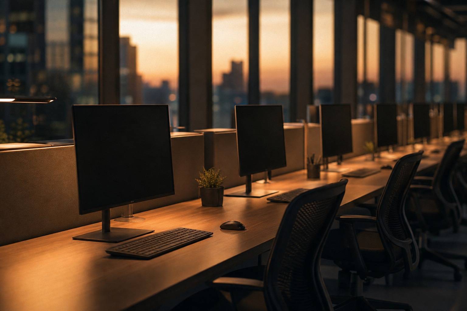 A calm row of orderly workstations in a warm-lit studio at dusk.